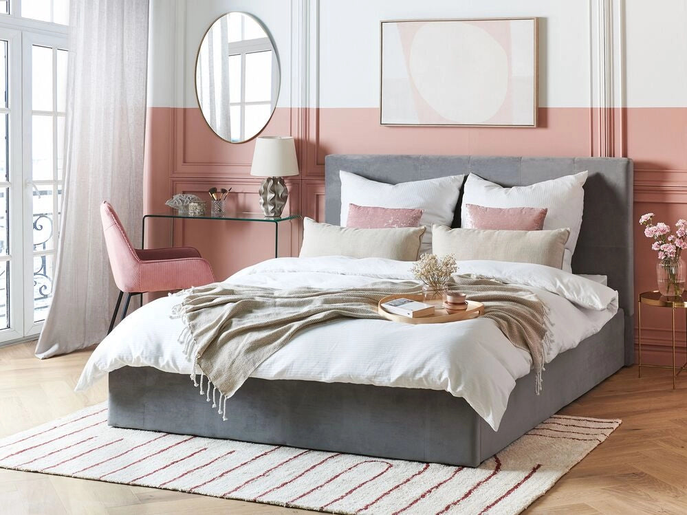 Letto matrimoniale con contenitore portaoggetti e testiera imbottita 160x200 cm in velluto grigio