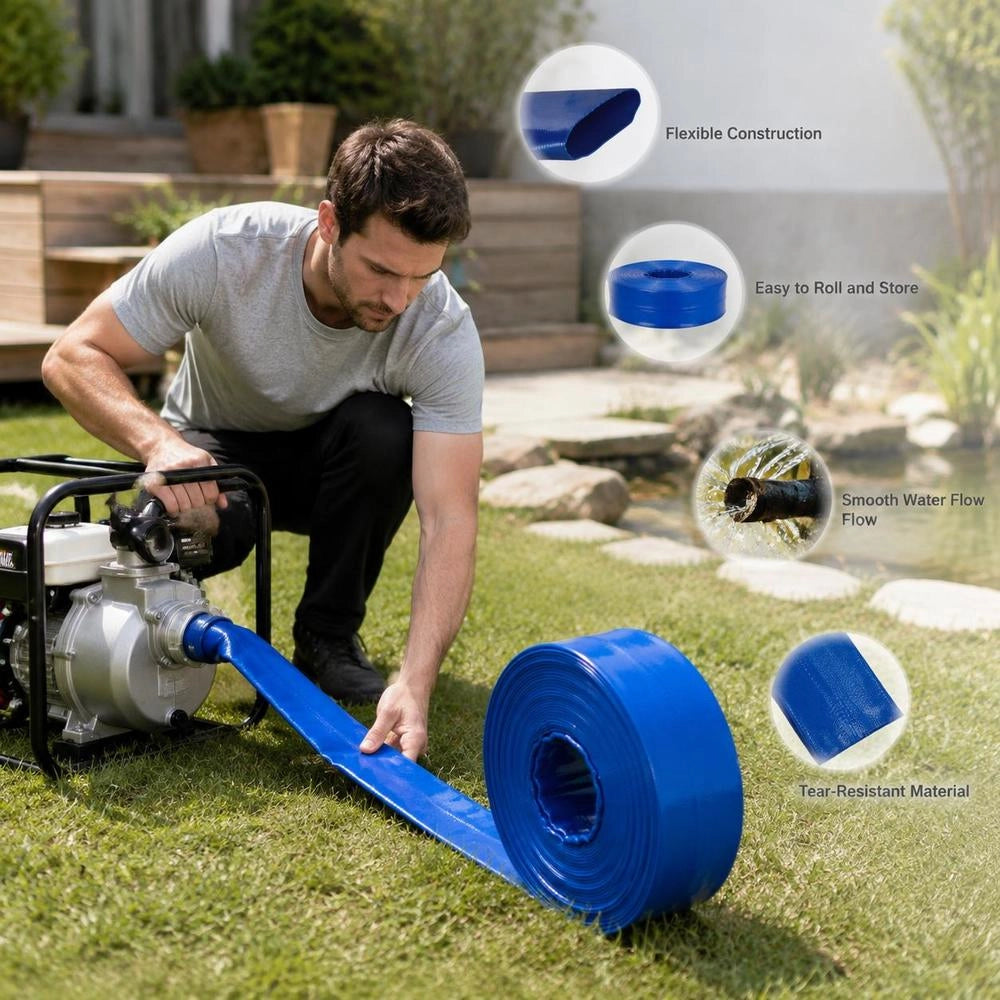 Drain Hose, 5.08 Cm X 32 M, PVC Fabric Flat Hose, Robust Backwash Drain Hose With Clamps, Weatherproof And Burst-proof, Ideal For Swimming Pools And Water Transfer, Blue