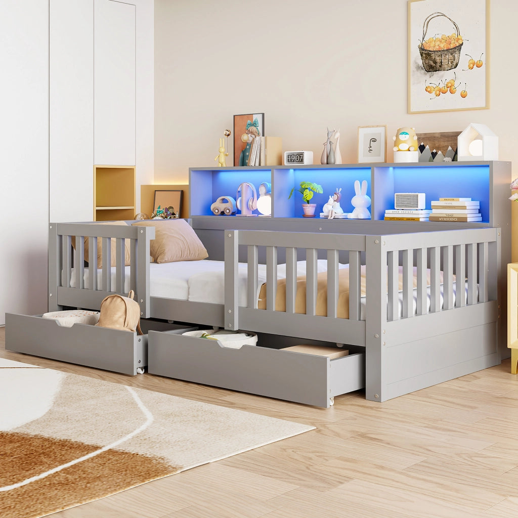 Letto per bambini singolo con barriera; 2 cassetti; ripiani e LED 90 × 200 cm; senza materasso