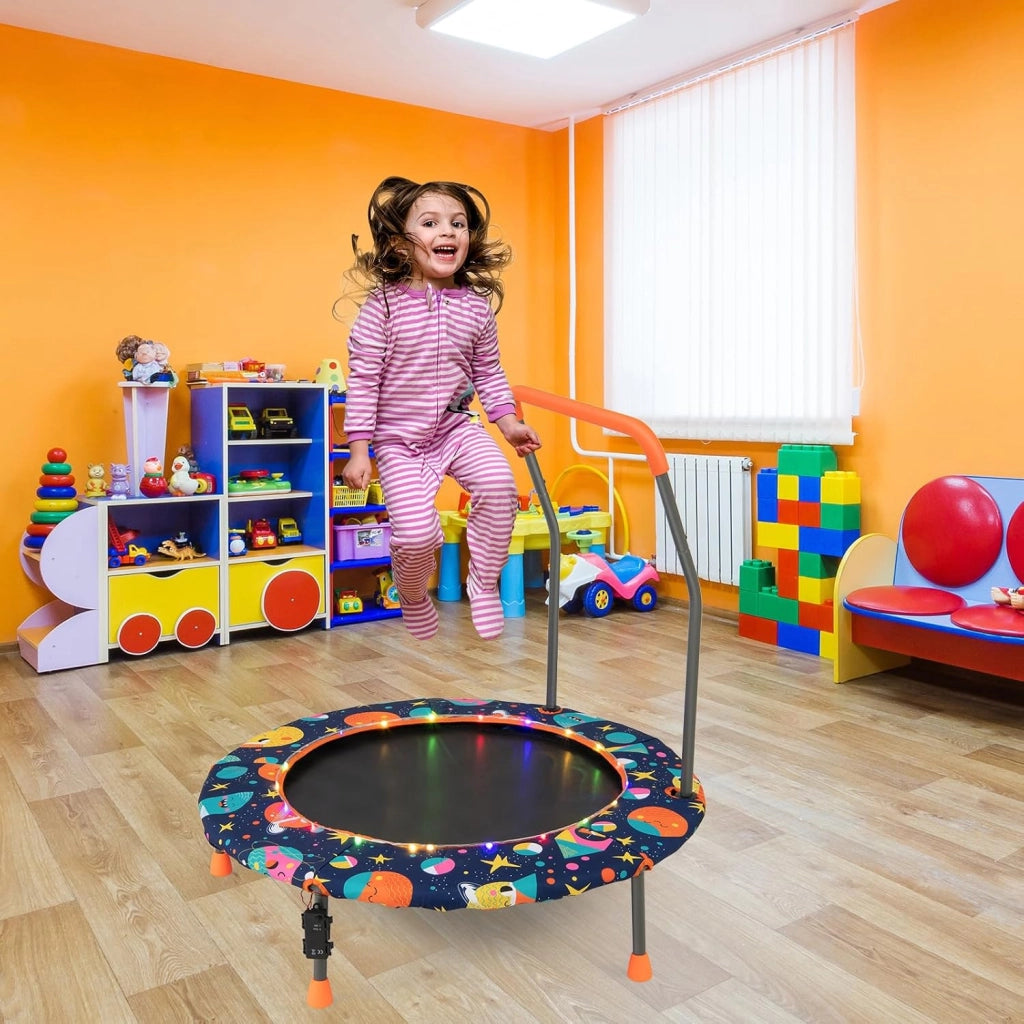 Trampolino Elastico per Bambini dai 3 ai 6 anni, Ø 92 cm, Tappeto Elastico Bambini con Luci a LED, Mini Trampolino da Giardino con Manico e Tappetino di Sicurezza, Portata fino a 25 kg