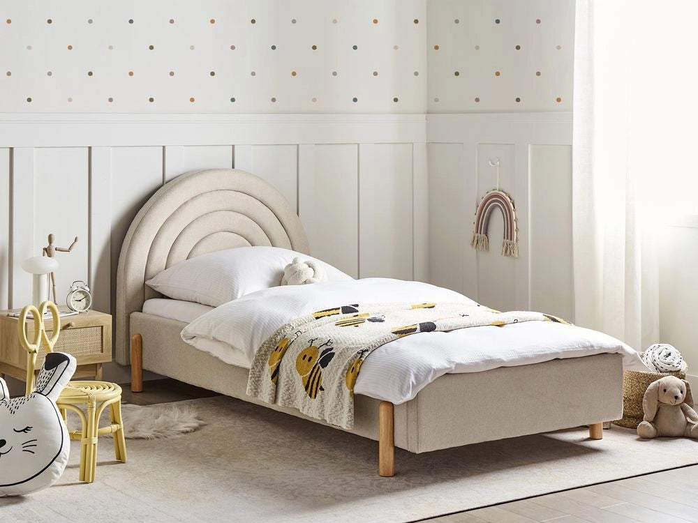 Letto singolo con testiera rotonda in tessuto beige chiaro con Base a doghe Gambe in legno con Testiera a Mezza Luna