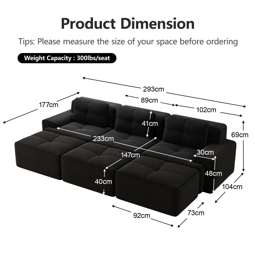 Divano Angolare Modulare 3 Posti con Schlaffunktion ¨C MINIMAL ¨C Velluto a Coste Nero, 3 Pouf