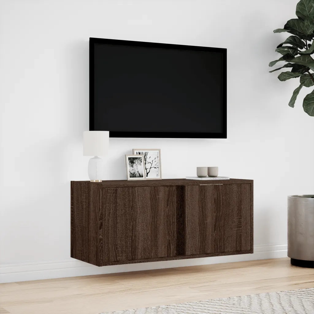Mobile TV a Parete con Luci LED Rovere Marrone 80x31x35 cm 852263