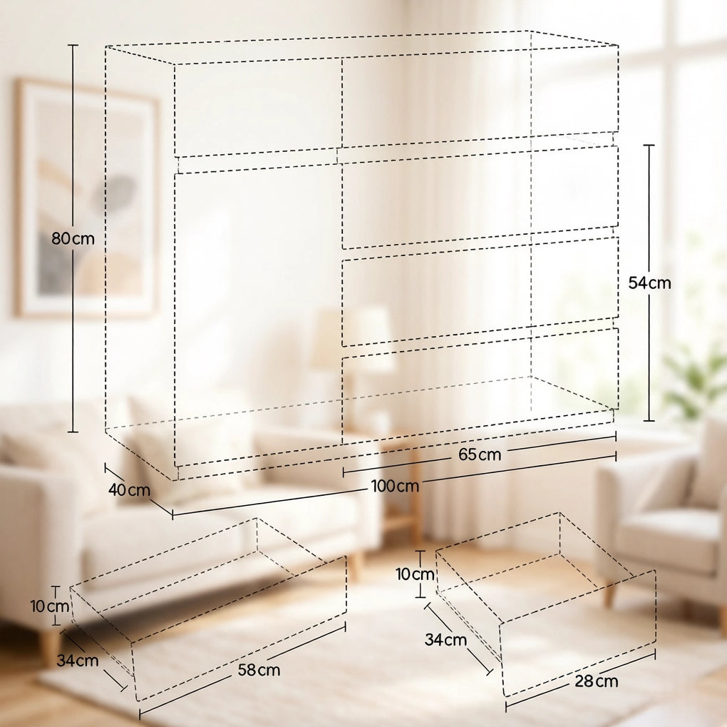 Mobile contenitore bianco con 5 cassetti e armadietto; 100 x 40 x 80 cm