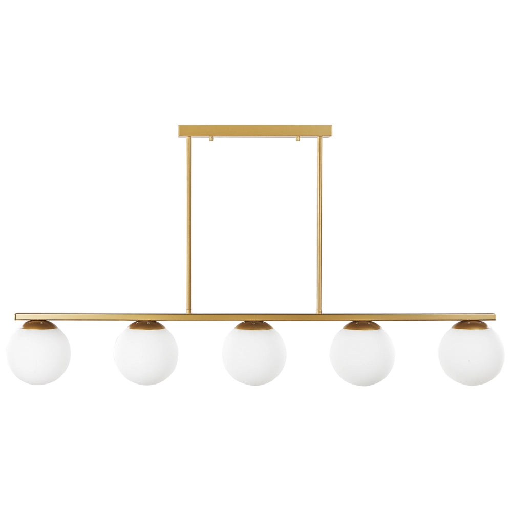Lampada a Sospensione Metallo dorato 62 cm 5 Luci Binario Sferico Paralumi Vetro Bianco Glamour Design Cucina Sala da Pranzo