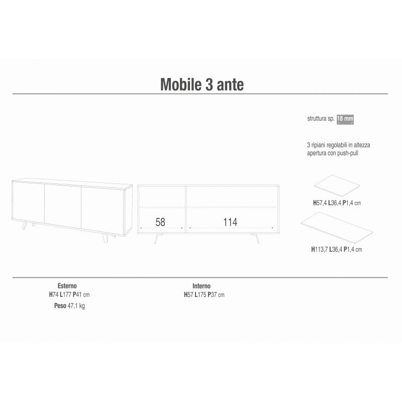 Mobile 3 Ante 177L x 41P x h74 – Finitura Nero Opaco e Bianco Opaco – Sarmog