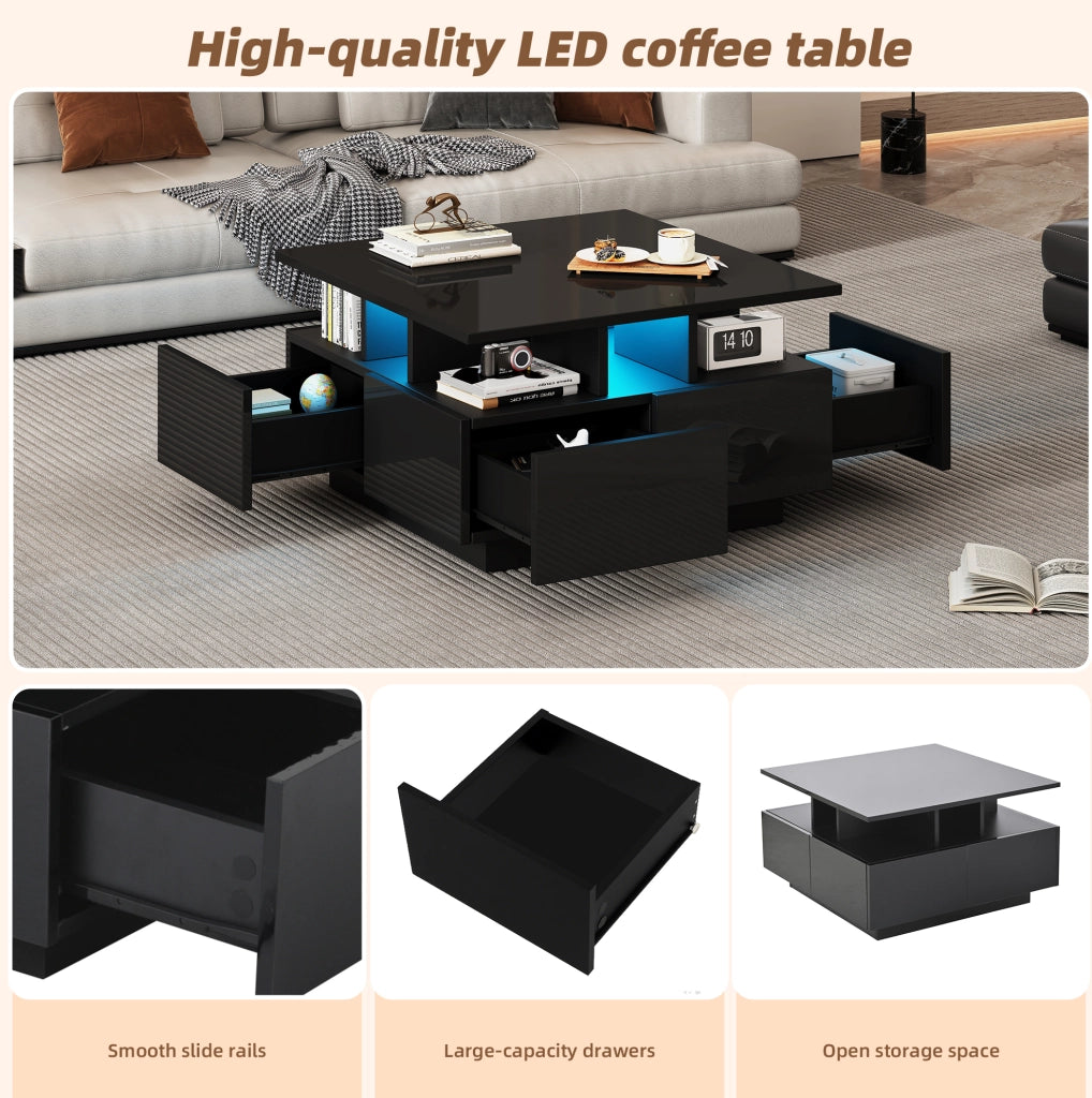 Tavolino da caffè 70x70x40 cm con LED; 4 cassetti in truciolare nero