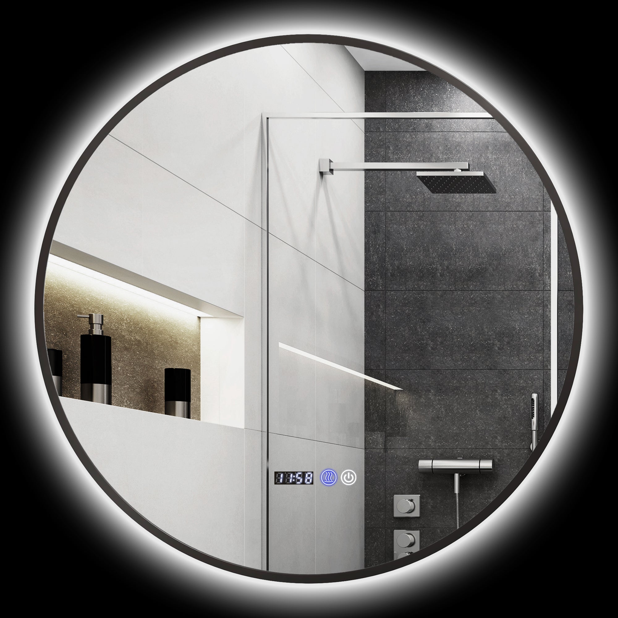 Specchio Bagno con Luce LED a 3 Tonalità Ø70 cm Antiappannamento e Display Tempo e Temperatura Nero