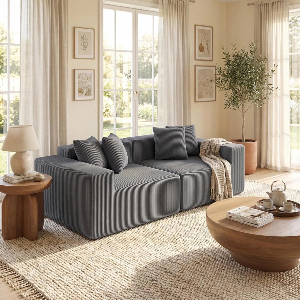 Divano Letto 2 Posti 204 X 89 X 64 CM, Divanetto da Pavimento Imbottito con 4 Cuscini, Velluto a Coste e Schiuma ad Alta Elasticità, Divano Modulare con Braccioli Comodi per Soggiorno