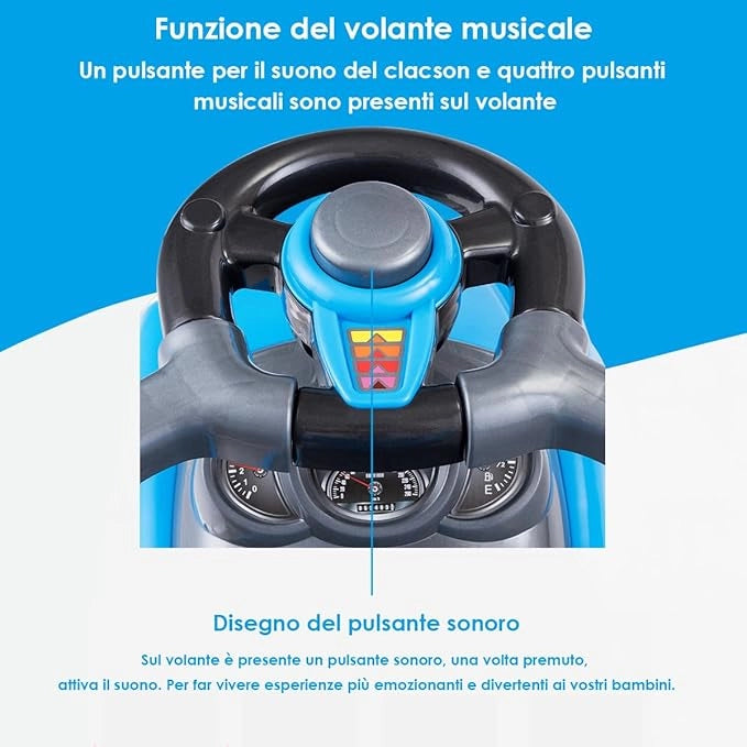 3 in 1 Macchina Cavalcabile a Spinta per Bambini, con Guardrail Staccabili e Maniglia Clacson, Spazio di Archiviazione Nascosto e Design Anti-ribaltamento, Ideale per Bambini 2-6 Anni (Blu)