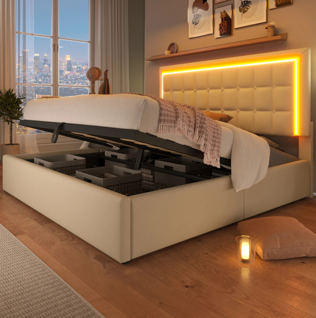 Letto matrimoniale 160x200 cm con contenitore; LED e rivestimento in PU bianco