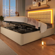 Letto matrimoniale 160x200 cm con contenitore; LED e rivestimento in PU bianco