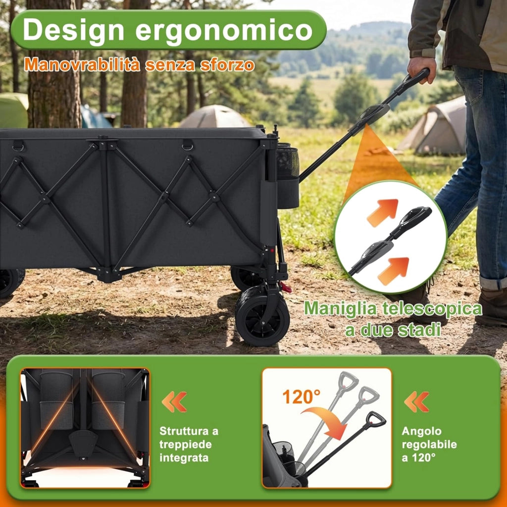 260L carrello spiaggia Massimo 200kg carrello con ruote portatutto grandi,carrellos pieghevole Con Braccioli Regolabili e Tasche Laterali per Giardino Campeggio Ogni Tipo di Terreno, Grigio