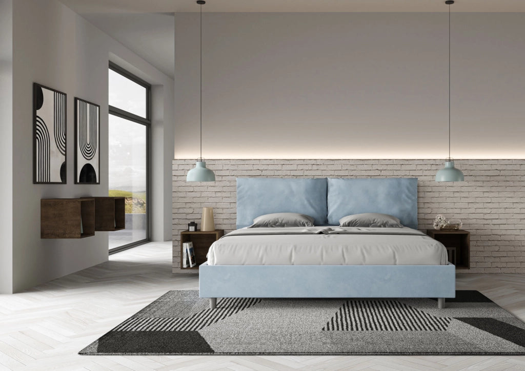 BS COM Letto matrimoniale king size con rete imbottito 190x190 microfibra azzurro Large