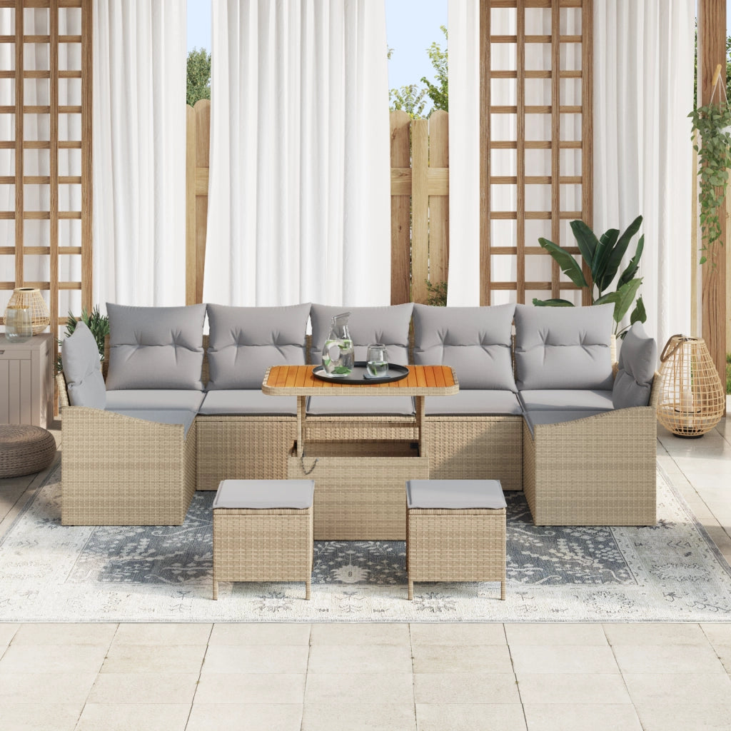Set da giardino con cuscini di 10 pezzi beige in polirattan acacia