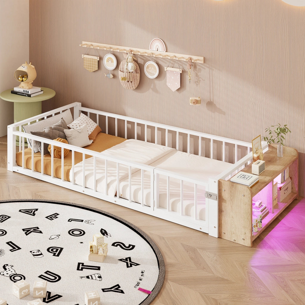 Letto per Bambini Letto Singolo con Sponda; Vano a Giorno e LED 90×200 cm; senza Materasso; Bianco