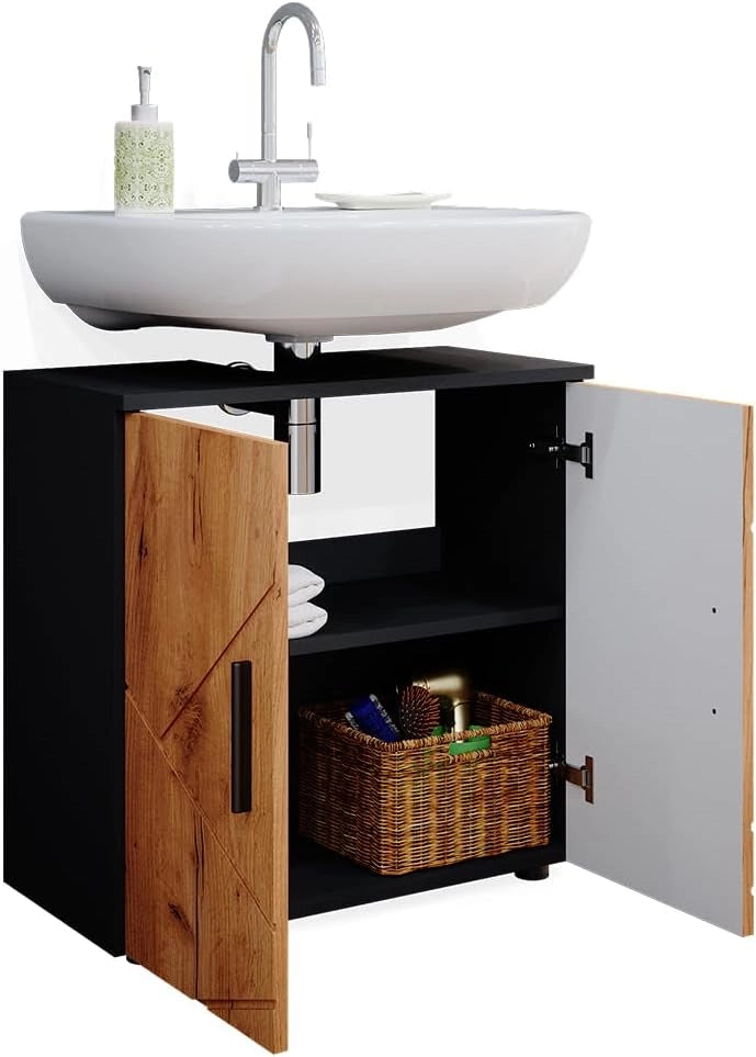 Set di mobili da bagno Irma, Quercia dorata/antracite, 2 parti, con colonna, composto da mobile sottolavabo e colonna alta