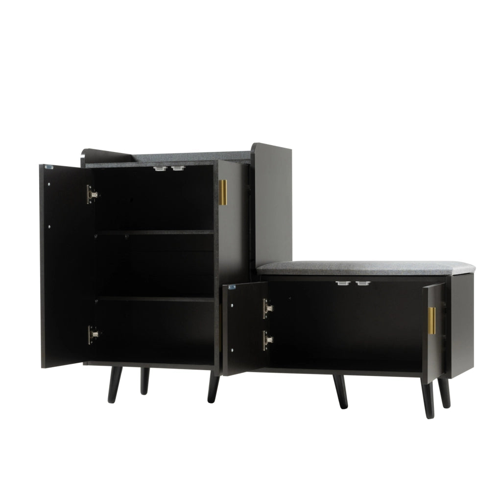 Scarpiera 120x34x82 cm con seduta imbottita; pannello truciolare e metallo; nero e noce scuro