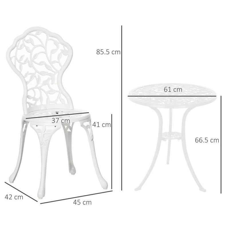 SET DA GIARDINO IN ALLUMINIO BIANCO 2 SEDIE 45X42X85.5 CM E TAVOLINO ROTONDO Ø61X66.5 CM
