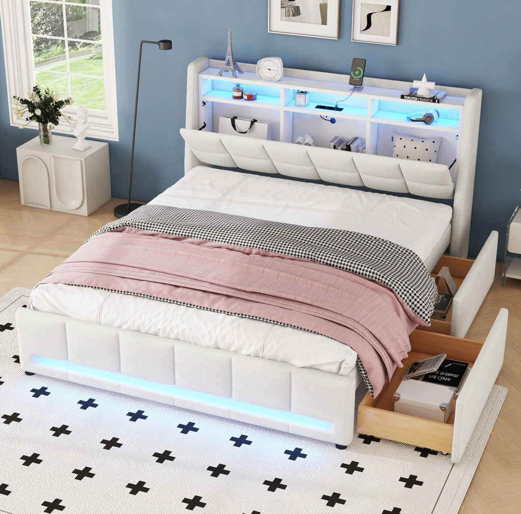 Letto contenitore 140x200 cm con LED; USB e 2 cassetti; lino e MDF beige