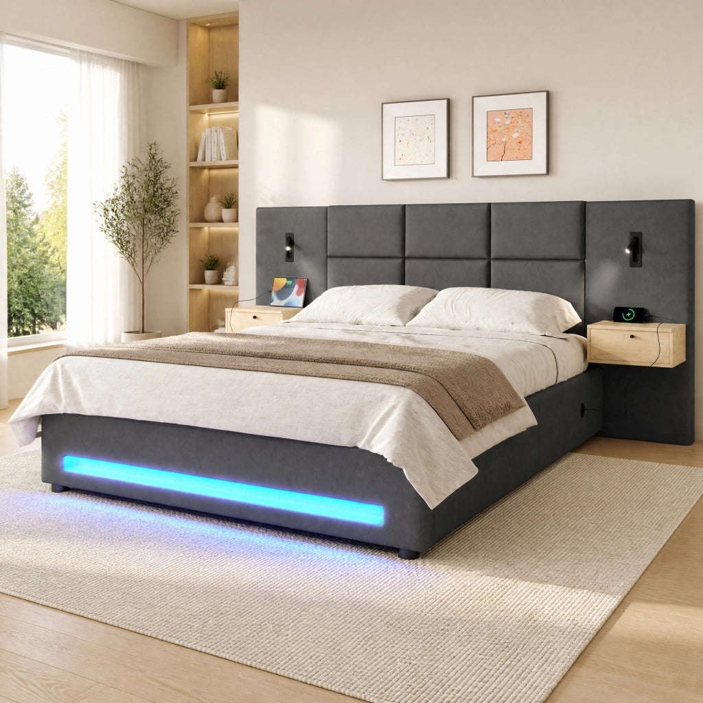LETTO Contenitore 180x200 cm in velluto grigio scuro con USB-C e LED