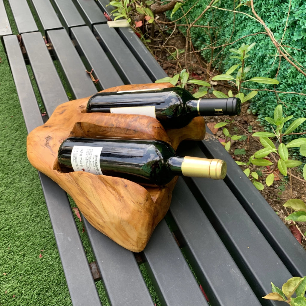Porta bottiglie da vino in legno di abete, design irregolare a doppio scomparto, colore legno