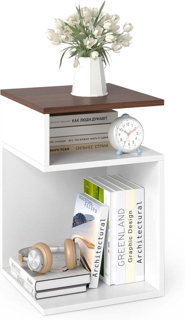 Tavolino Laterale da Salotto a Forma di S per Piccoli Spazi, Tavolino per Divano con 2 Scomparti Aperti, Comodino Moderno per Soggiorno, Camera da Letto e Studio, Bianco (1,Noce e Bianco)