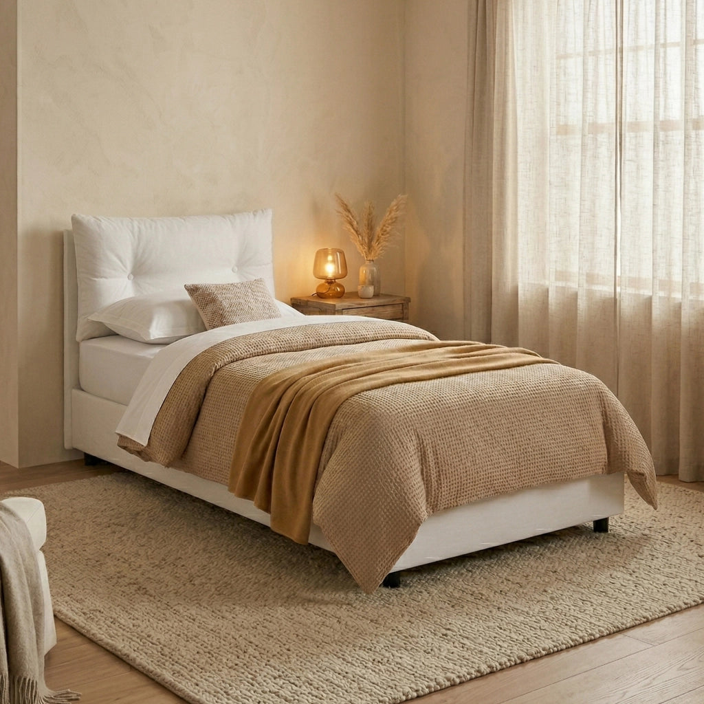 Letto singolo Sabazia, Letto contenitore con rivestimento in tessuto, Made in Italy, Apertura frontale, con materasso cm 80x190 incluso, Bianco