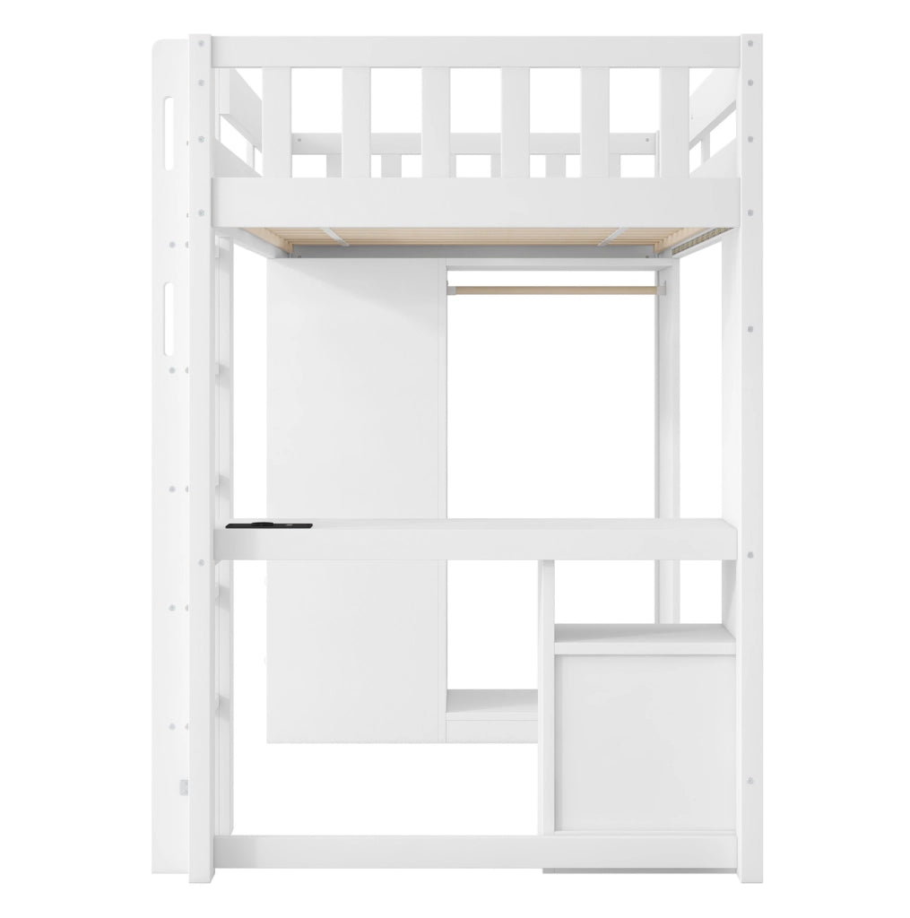 Letto a soppalco 90x200 cm in legno massello e MDF; bianco; con scrivania; LED e cassetti