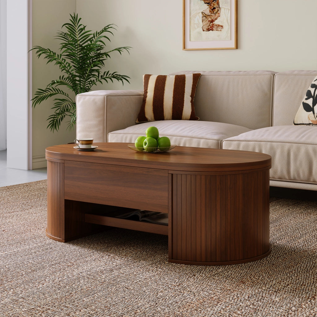 Tavolino da caffè alzabile con piano sollevabile e vano interno - per soggiorno - 110×55.5×40 cm - in MDF - noce