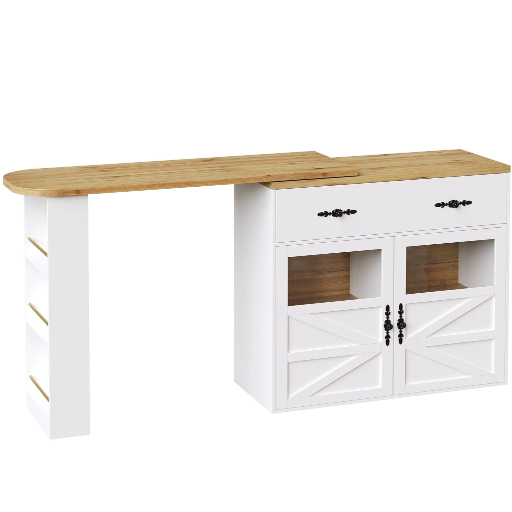 Tavolo bar 138-204x39x104 cm girevole con spazio contenitore in MDF bianco