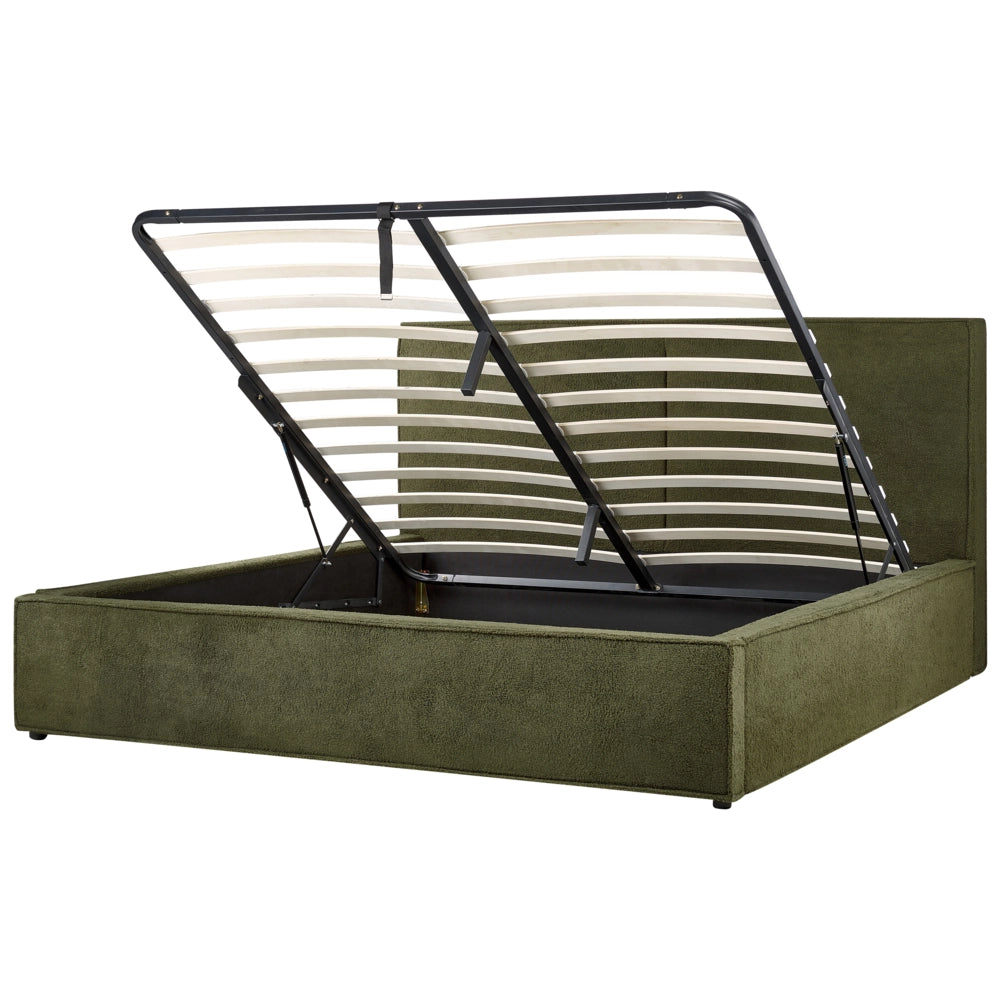 Letto king size 180 x 200 cm Verde Scuro Rivestimento in bouclé Ottomana di contenitore Telaio a doghe Camera da letto moderna contemporanea