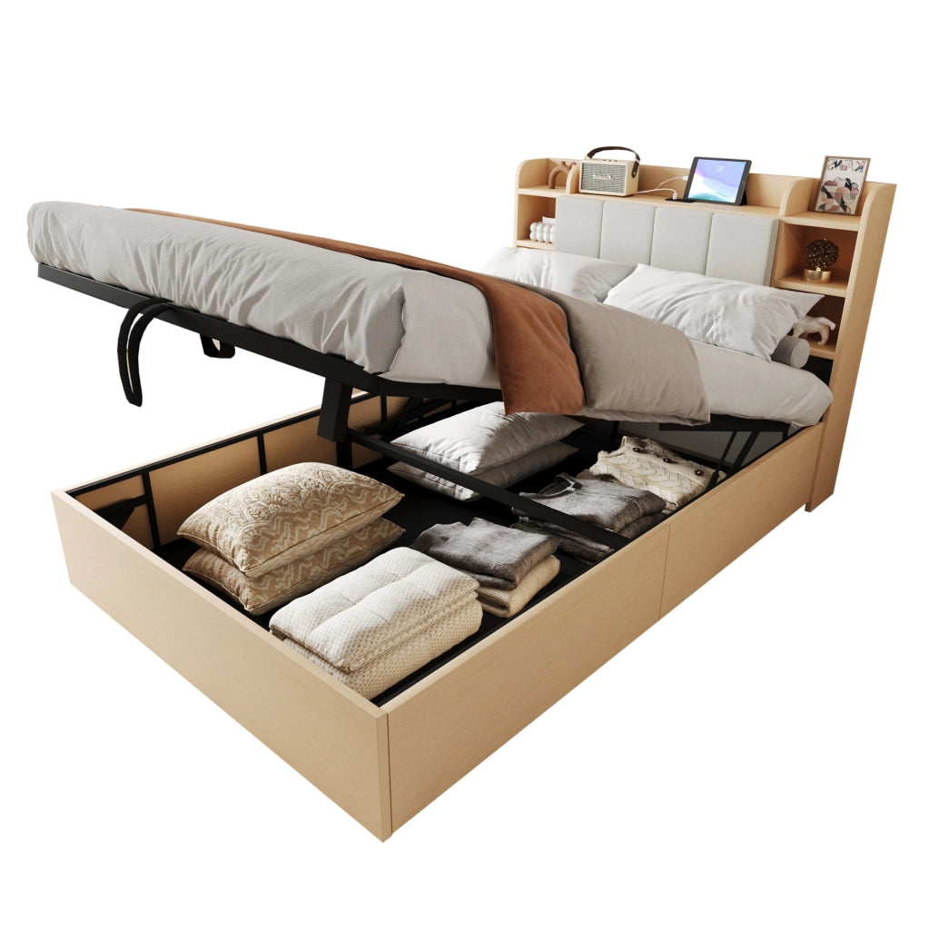 Letto 140x200 cm con contenitore idraulico e testiera con vani in MDF