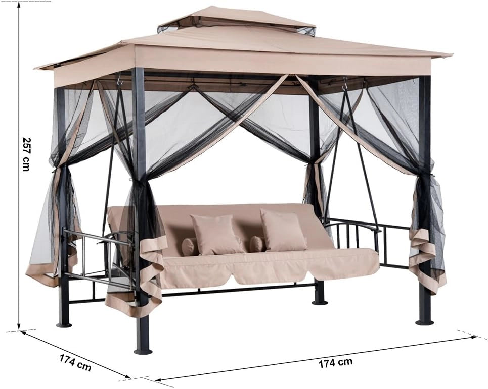 Gazebo Parasole da Giardino con Dondolo Letto e Zanzariere 3 posti, Modello Extra-Lusso Cleopatra, Amaca Altalena Trasformabile in Letto Matrimoniale, Colore Beige