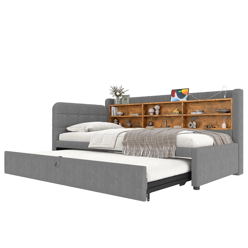 Divano letto 90-180x200cm?- Xylo - gigogne USB lino grigio