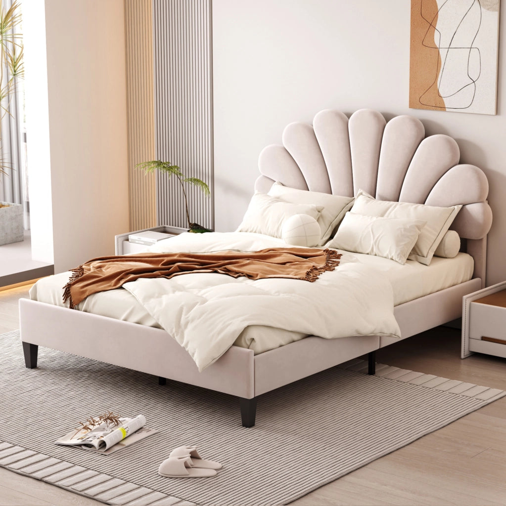 Letto imbottito 140×200 cm beige con testiera floreale