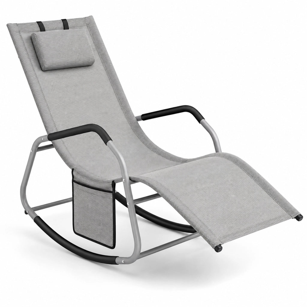 Sedia A Dondolo Ergonomica Poltrona Relax Con Cuscino Antiribaltamento E Tasca Laterale Da Giardino Terrazzo Con Struttura In Acciaio Rivestimento In Textilene 151 X 56 X 90 Cm Grigio