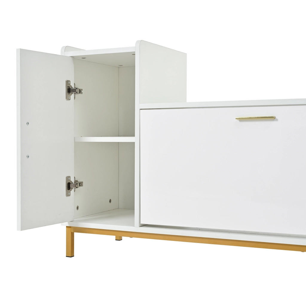 Scarpiera con seduta, 2 ripiani e 1 armadietto, per ingresso, in truciolare e metallo, bianco oro, 100 × 38 × 68 cm