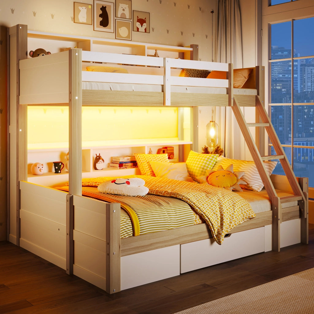 Letto a castello 90 × 200 cm e 140 × 200 cm con LED, scomparti, cassetto, senza materasso, pino bianco e naturale