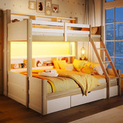 Letto a castello 90 × 200 cm e 140 × 200 cm con LED, scomparti, cassetto, senza materasso, pino bianco e naturale