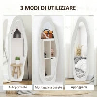 Specchio a Figura Intera con Cornice Ondulata in Velluto, Specchio da Terra e da Parete, 160x50 cm, Bianco