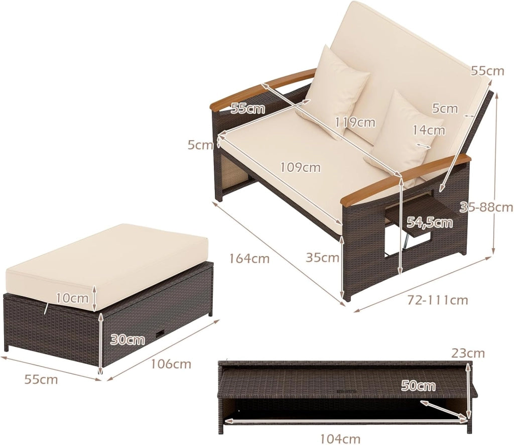 Divano da Giardino in Rattan a 2 Posti con Funzione Allungata, Set di Mobili in Rattan con Sgabello, Doppia Sedia a Sdraio per 2 Persone, 3 Colori (Cuscino Beige)