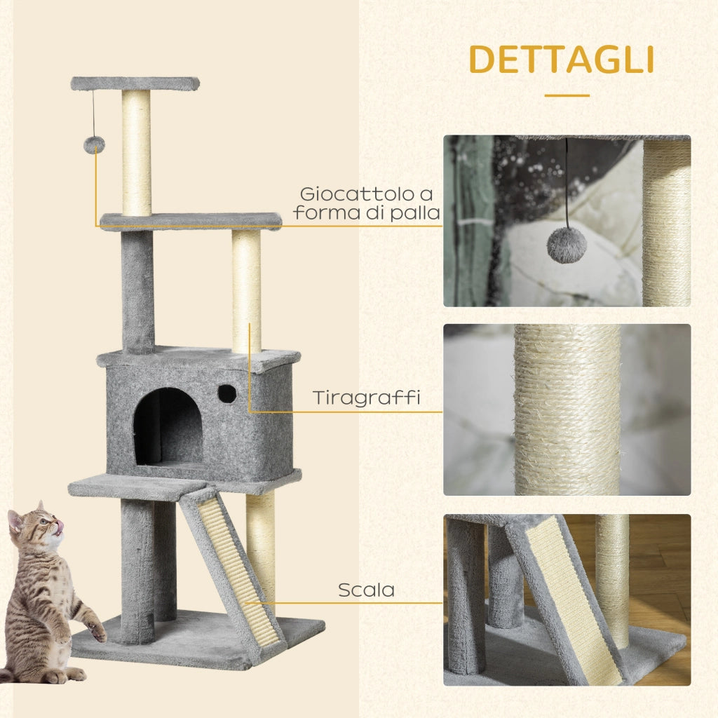 Albero Tiragraffi Multilivello con Casetta. Scala. Pallina e Pali in Sisal. 48x48x125 cm. Grigio