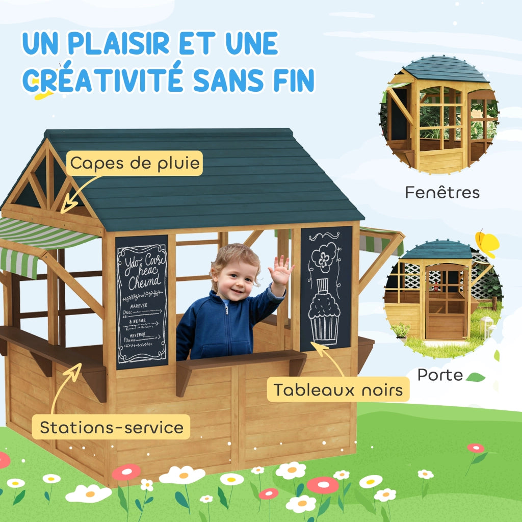 Casetta per bambini esterna pieghevole con porta, finestre, stazione di servizio, tende da pioggia e lavagne ¨C zephmum ¨C giallo