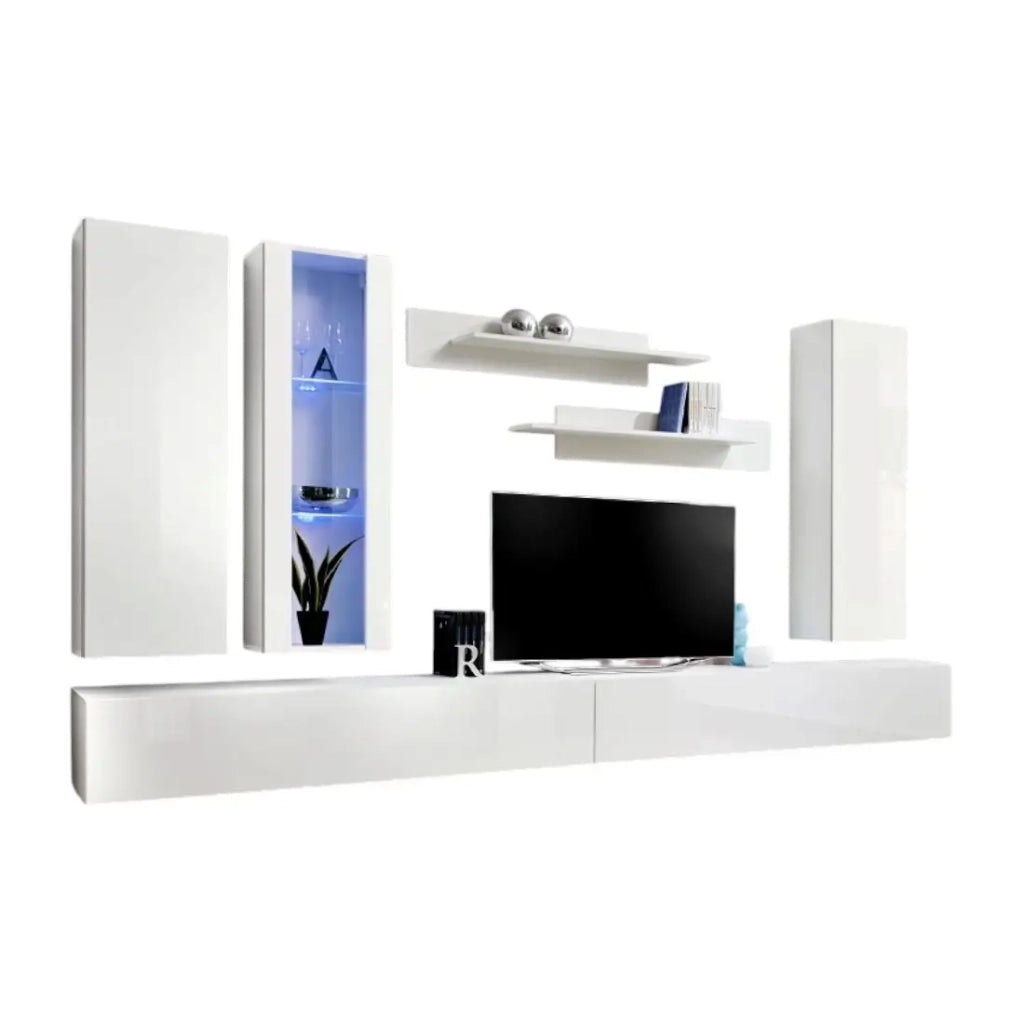 Mobile TV FLY E4 design, colore bianco lucido. Mobile sospeso moderno e alla moda per il tuo soggiorno.