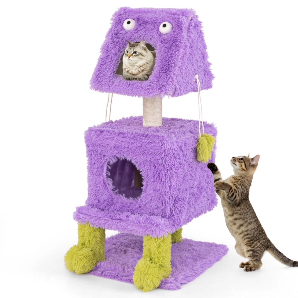 Albero per gatti con 2 nidi privati palo per graffio in sisal giocattoli pendenti, Torre di gatti a tema mostro carina Viola-Alberi Tiragraffi