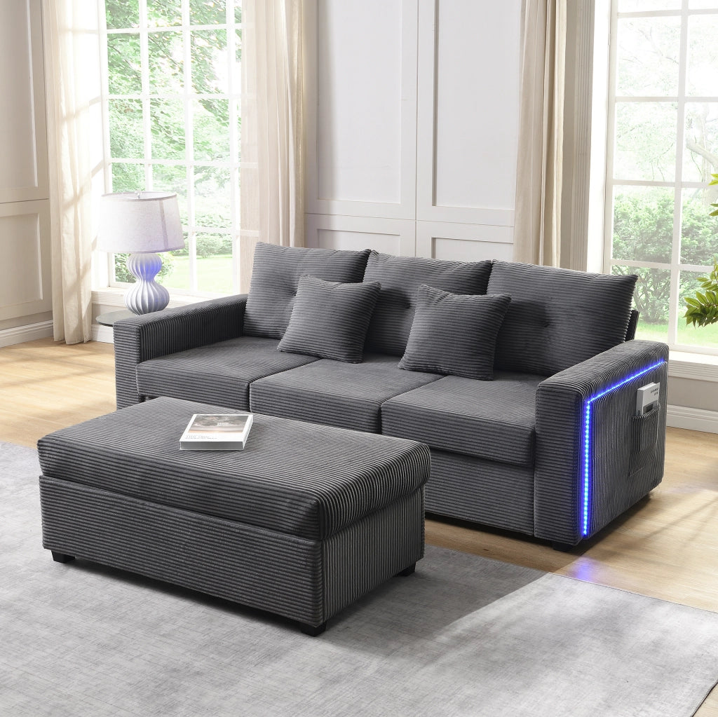 Divano modulare ULEVR a L 3 posti con pouf removibile, LED controllati da app e 5 cuscini, grigio antico