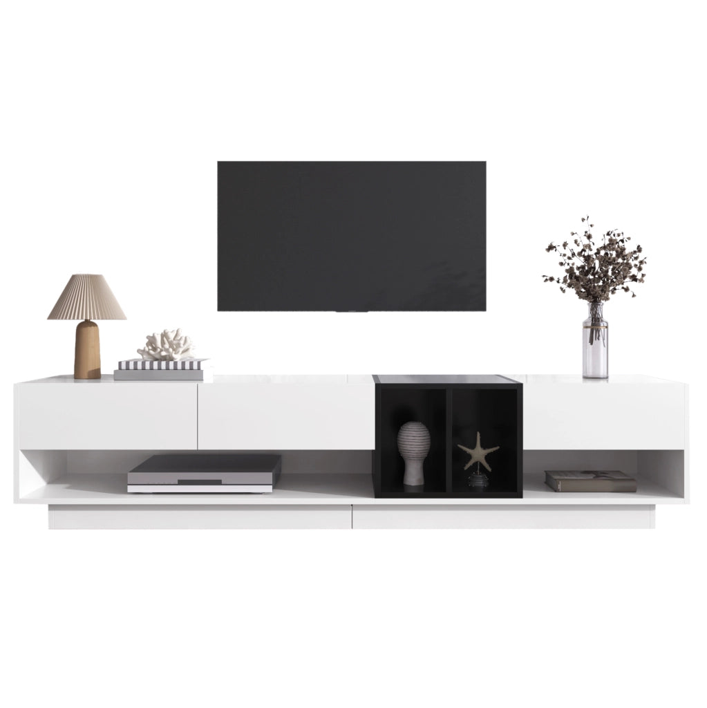 Mobile TV Lowboard in MDF con finitura lucida bianco e nero, 190x40x42 cm, con cassetti e scomparti