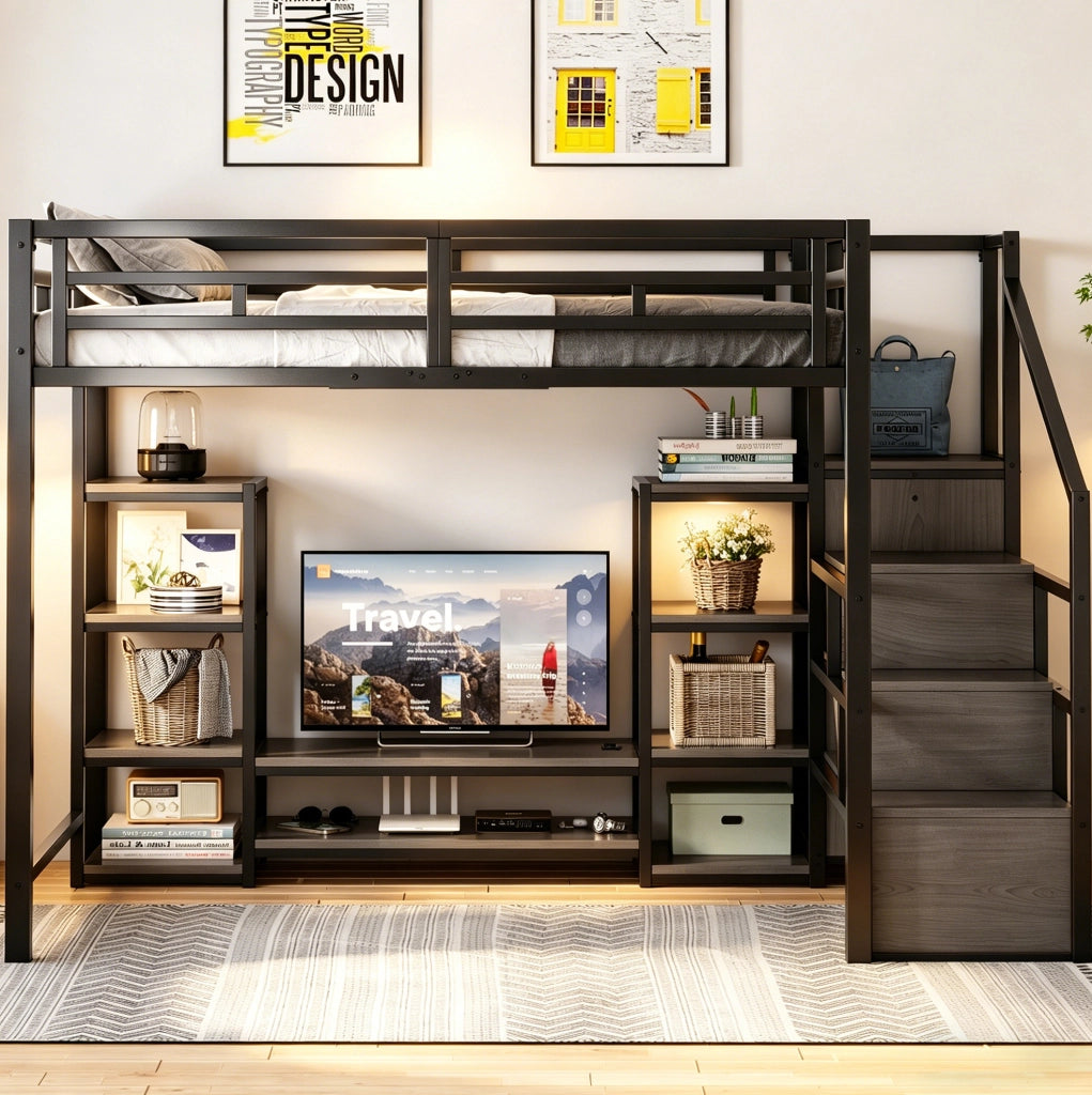 Letto a soppalco 140x200 con supporto TV, presa integrata e scala contenitore