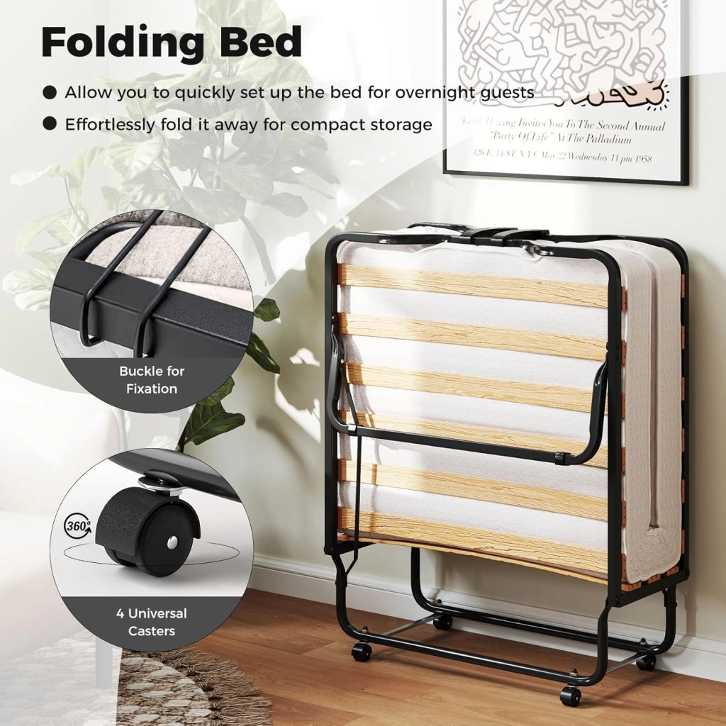 Letto Pieghevole 80x200 cm, Lettino Pieghevole per Gli Ospiti con 4 Ruote, Sgabello e Bracci, Letto da Viaggio per Adulti con Memory Foam, Doppia Sedia a Doghe, Made in Italy